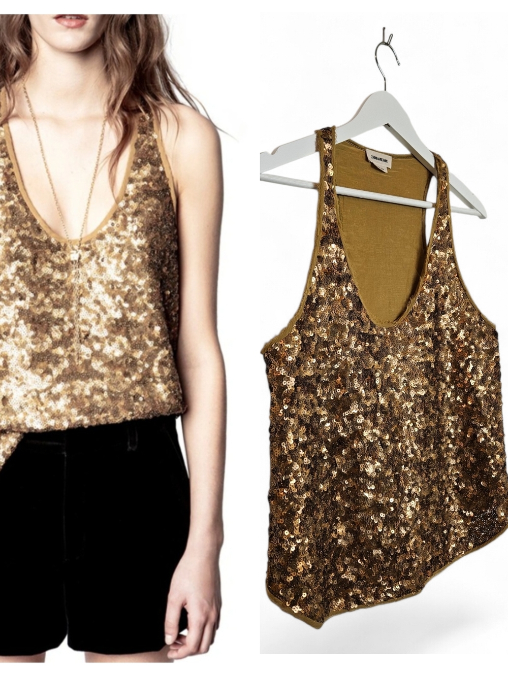 Zadig & Voltaire Gold Sequin Tank Top S Y2K Grunge Glam Boho Party Club